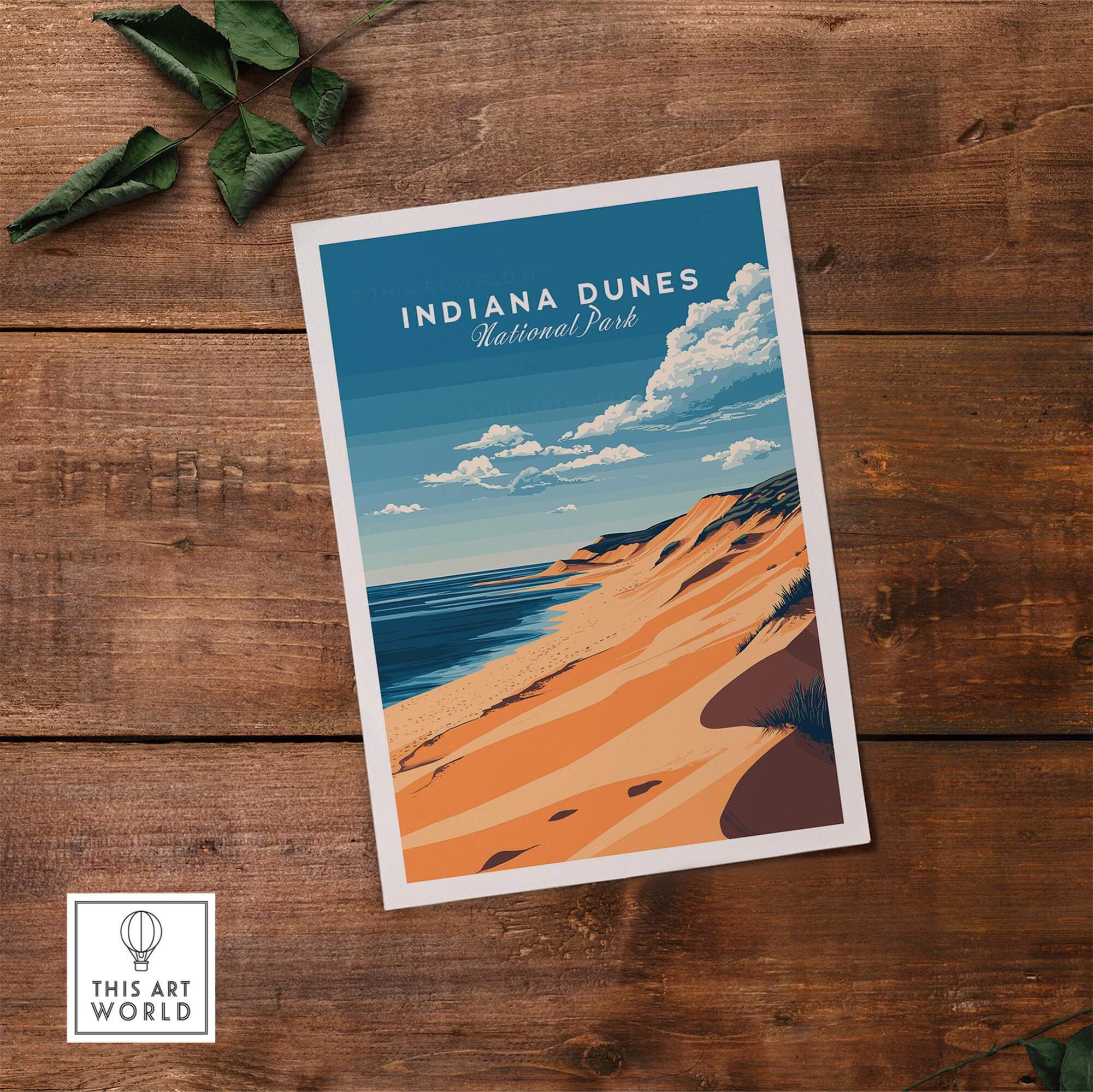 Indiana Dunes Travel Print showcasing the stunning beach and dunes of Indiana Dunes National Park.