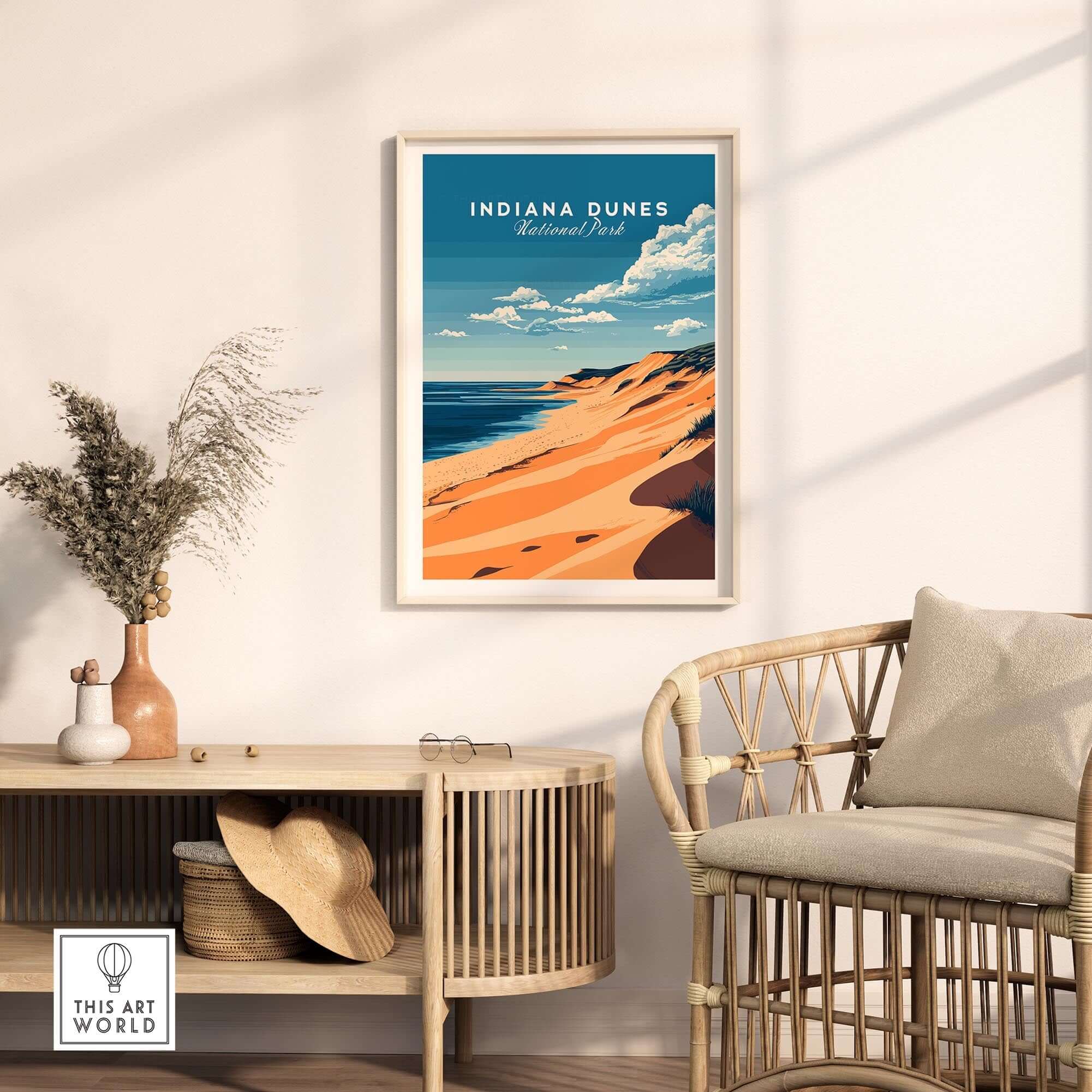 Indiana Dunes Travel Print showcasing vibrant dunes and skies, perfect for nature lovers and home decor.