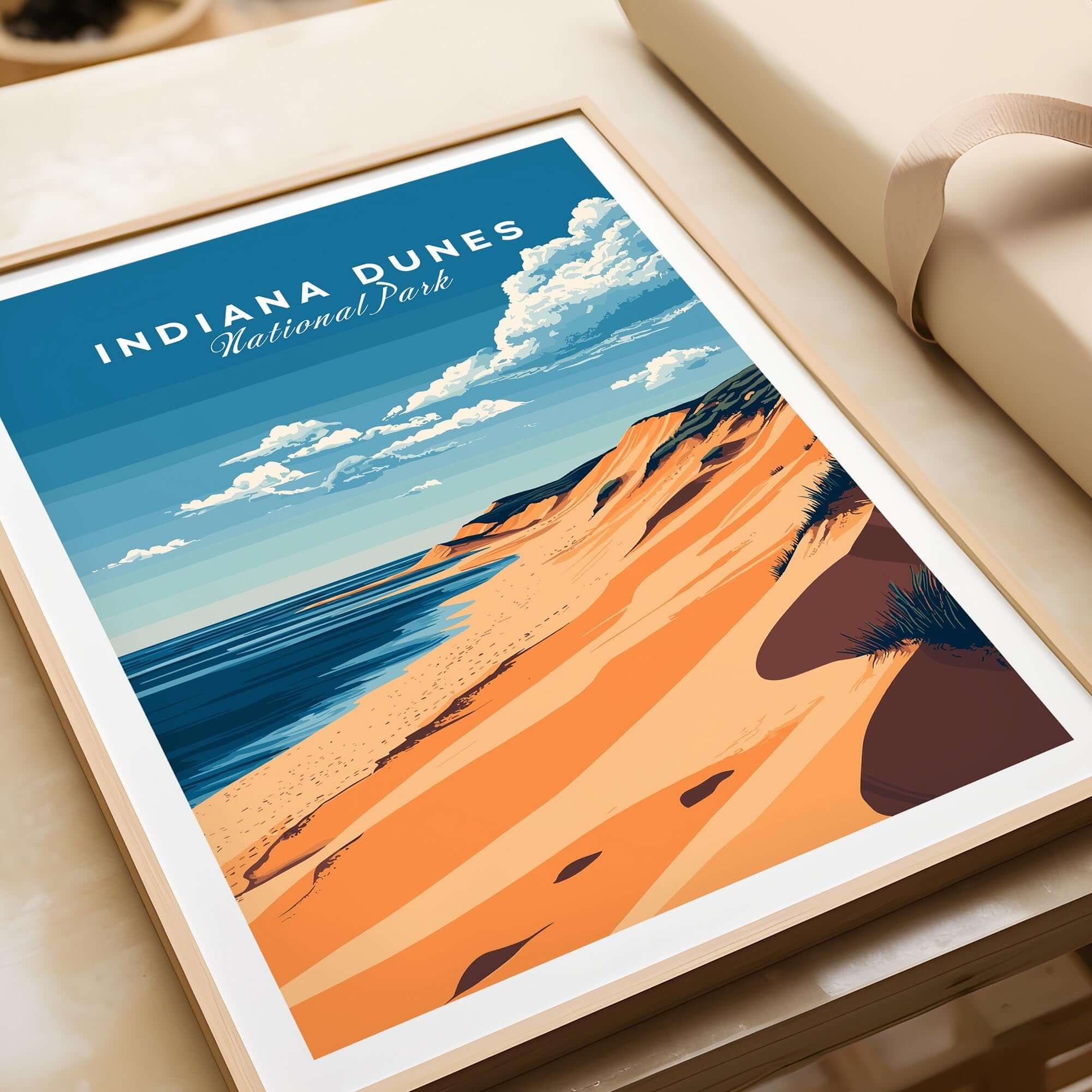 Indiana Dunes Travel Print featuring stunning beach and dunes in vibrant colors, perfect for home decor.