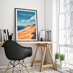Indiana Dunes Travel Print showcased on a modern desk, highlighting natural beauty and inspiration for travelers.