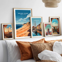 Indiana Dunes Travel Print framed in a gallery wall setting with other travel prints