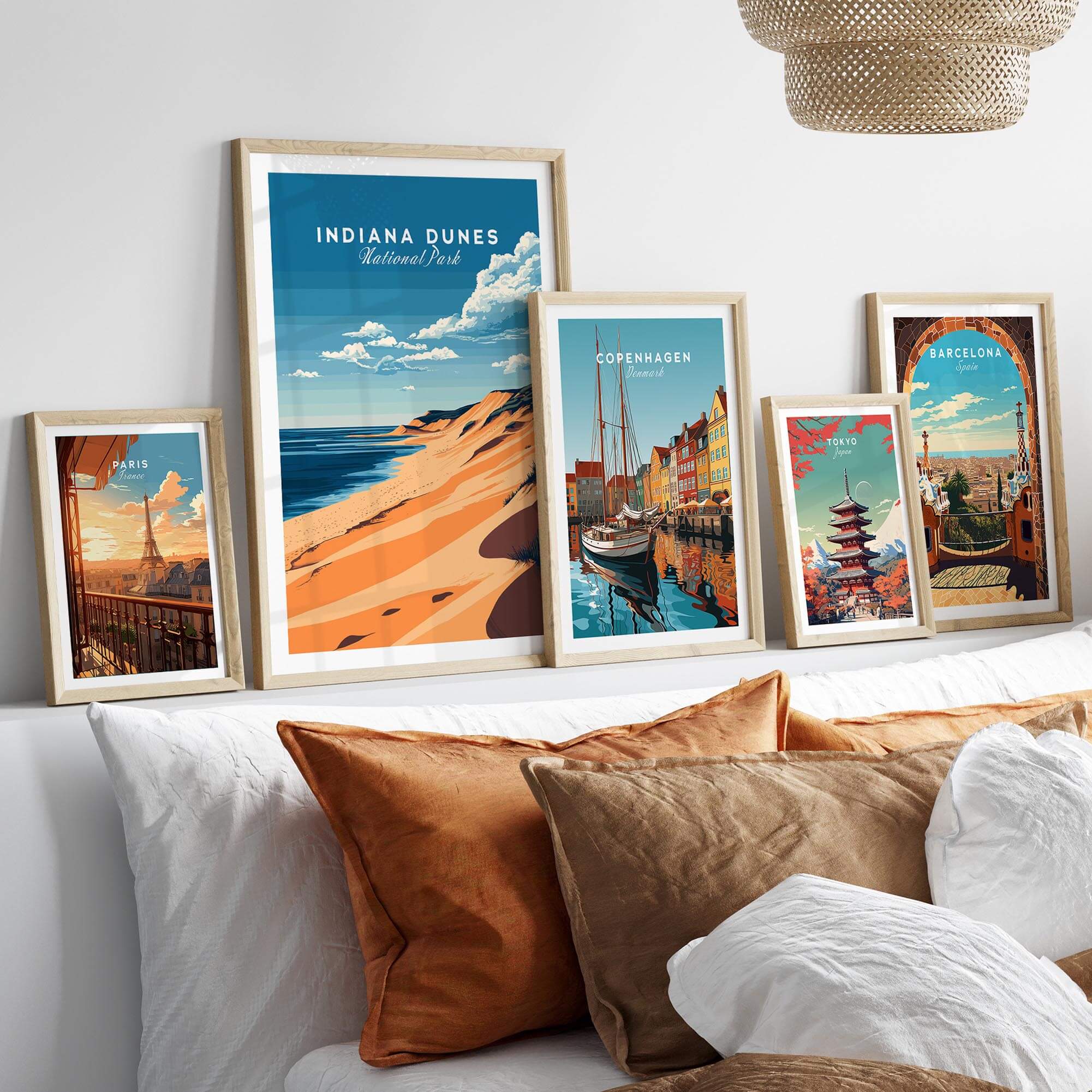 Indiana Dunes Travel Print framed in a gallery wall setting with other travel prints