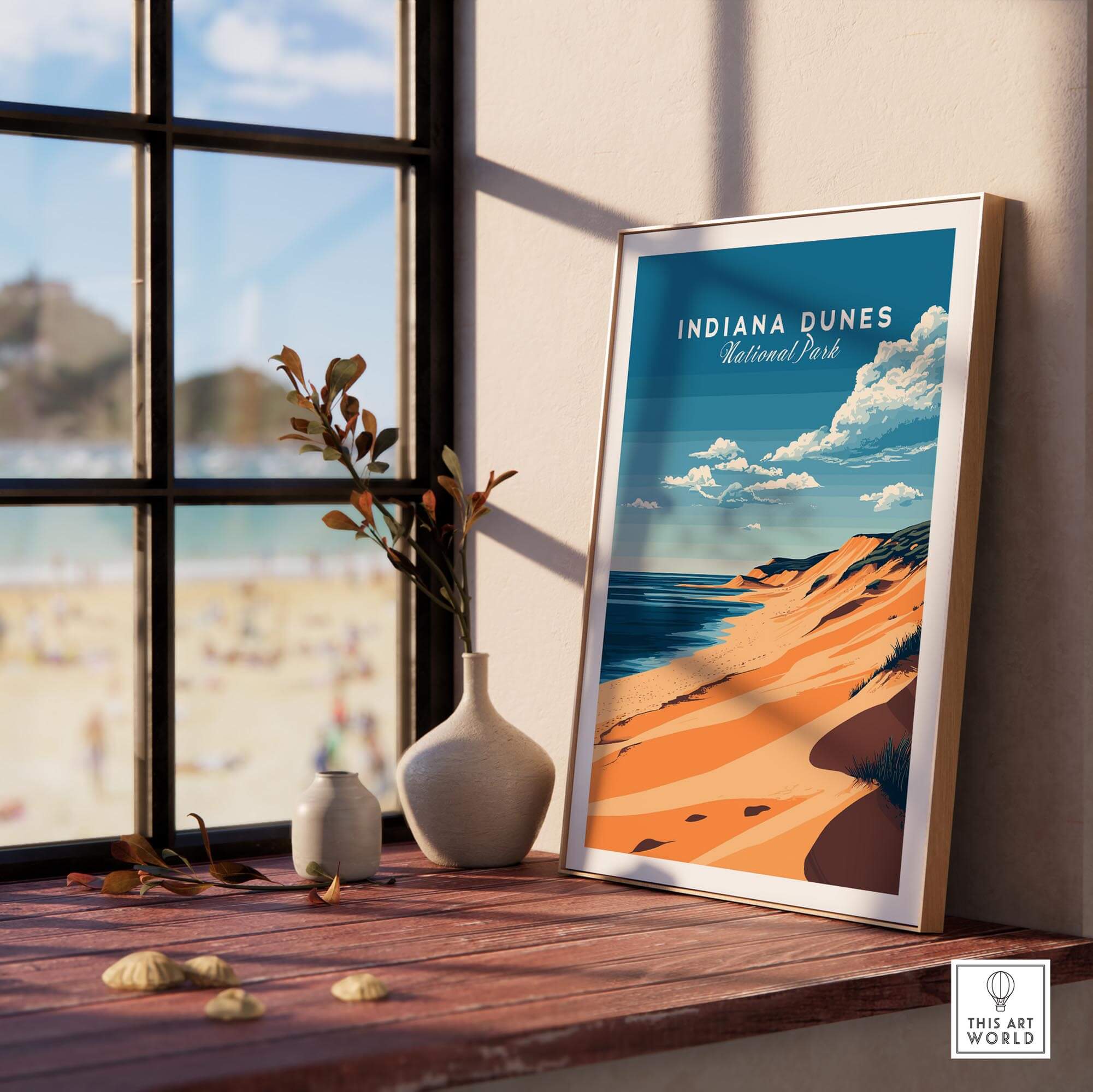 Indiana Dunes Travel Print framed artwork showcasing vibrant dunes and beach views, perfect for nature lovers.