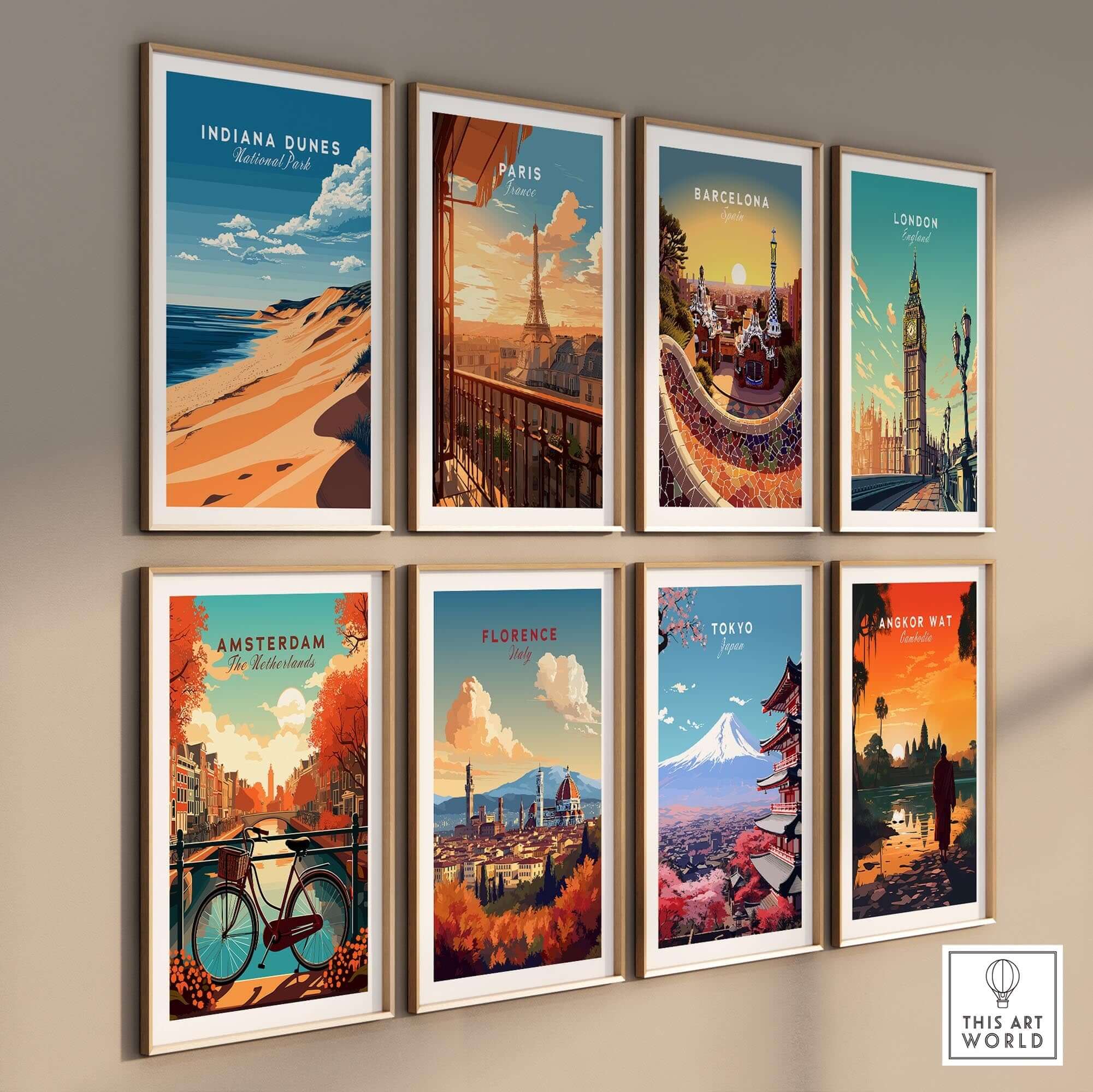Indiana Dunes Travel Print featured among other city travel prints on a gallery wall showcasing iconic destinations.