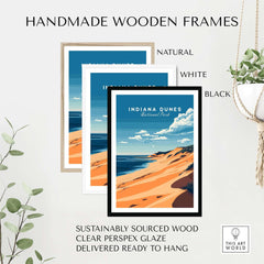 Indiana Dunes Travel Print showcased in handmade wooden frames of natural, white, and black colors.
