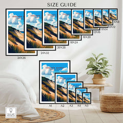 Different sizes of Indiana Dunes Wall Art displayed in a modern room setting with a size guide.