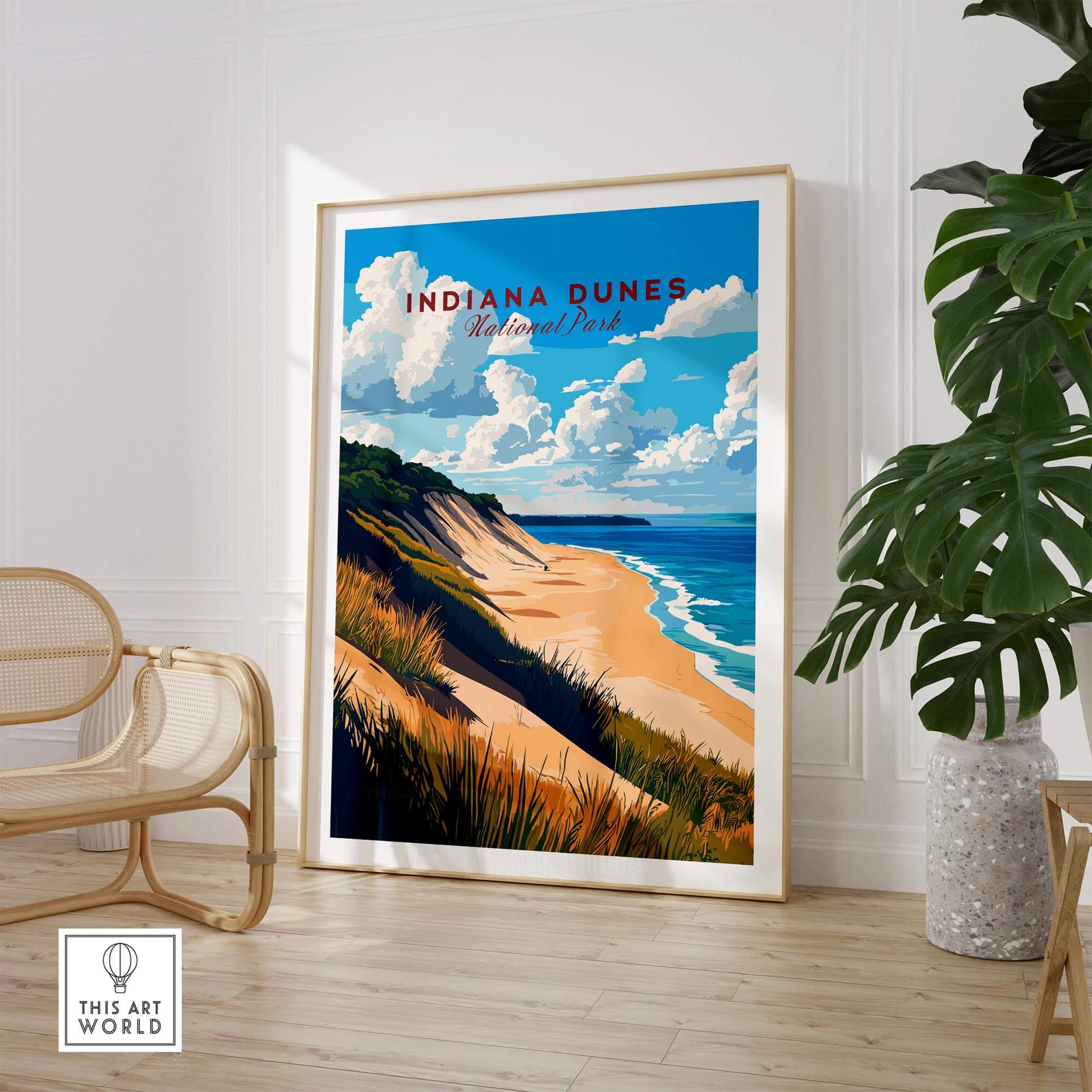 Indiana Dunes Wall Art featuring vibrant scenery of Indiana Dunes National Park in a modern interior setting.