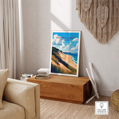 Indiana Dunes Wall Art showcasing a scenic beach landscape in a cozy living room setting.