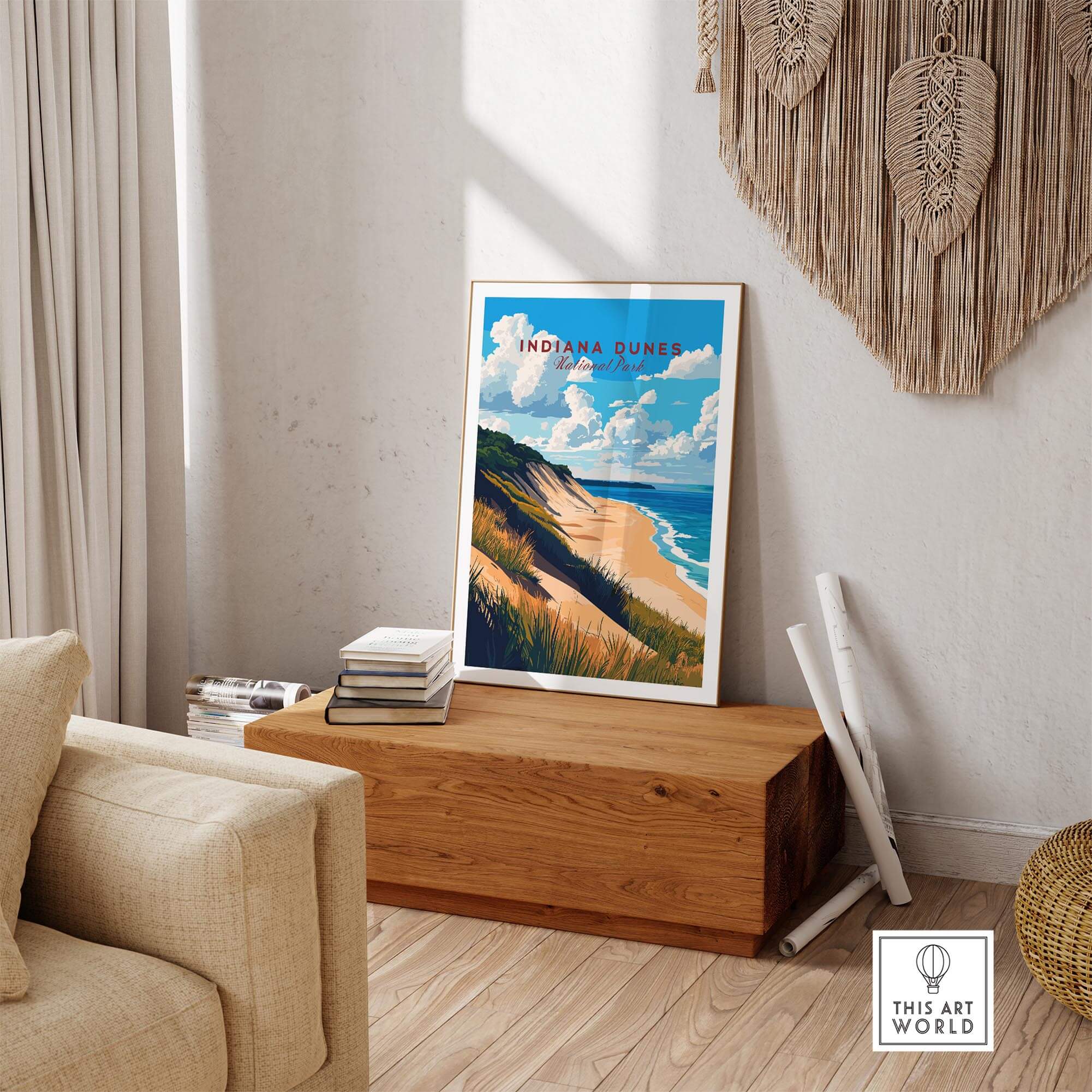 Indiana Dunes Wall Art showcasing a scenic beach landscape in a cozy living room setting.