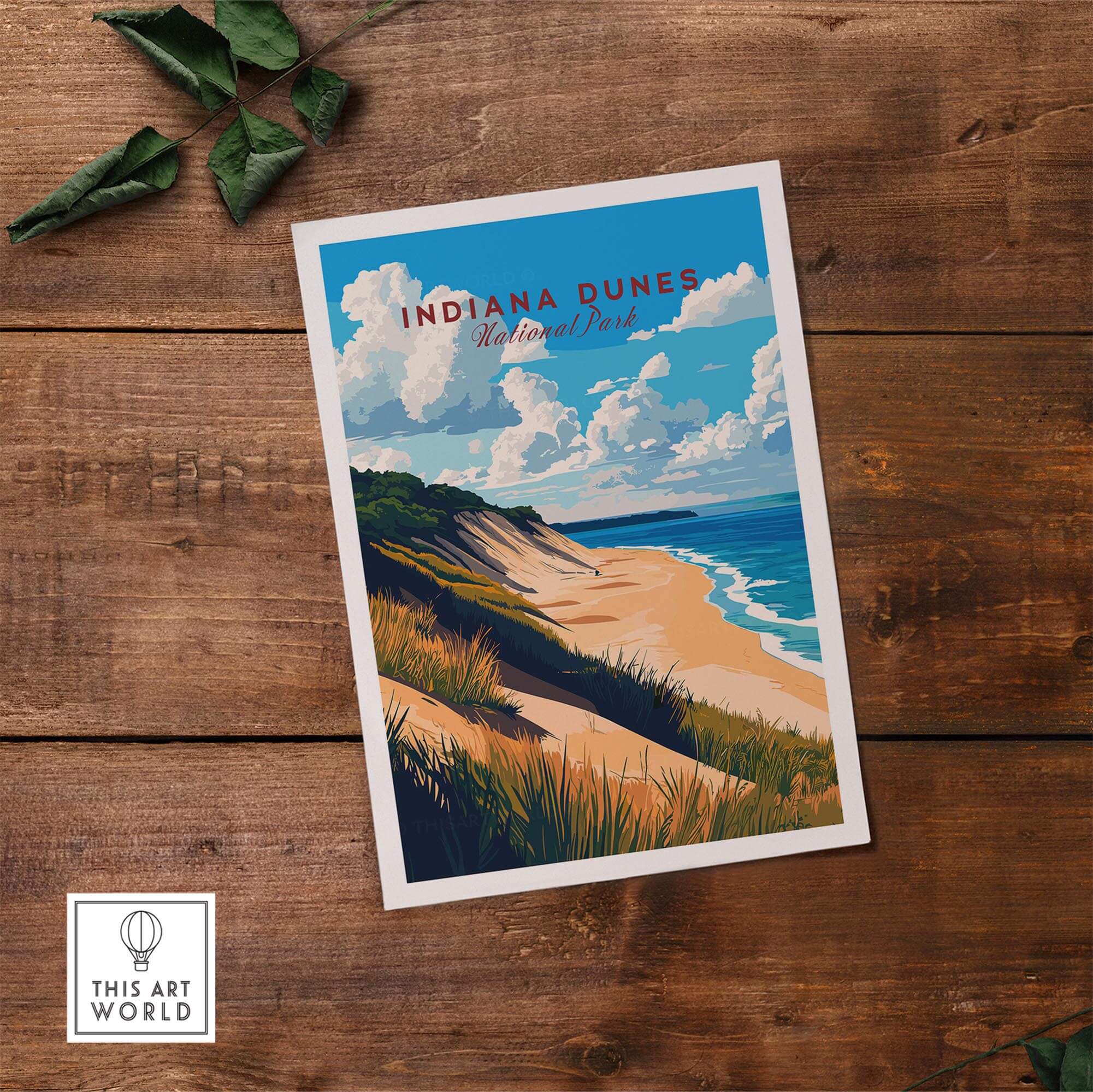 Indiana Dunes Wall Art showcasing serene landscape of Indiana Dunes National Park on wooden surface.
