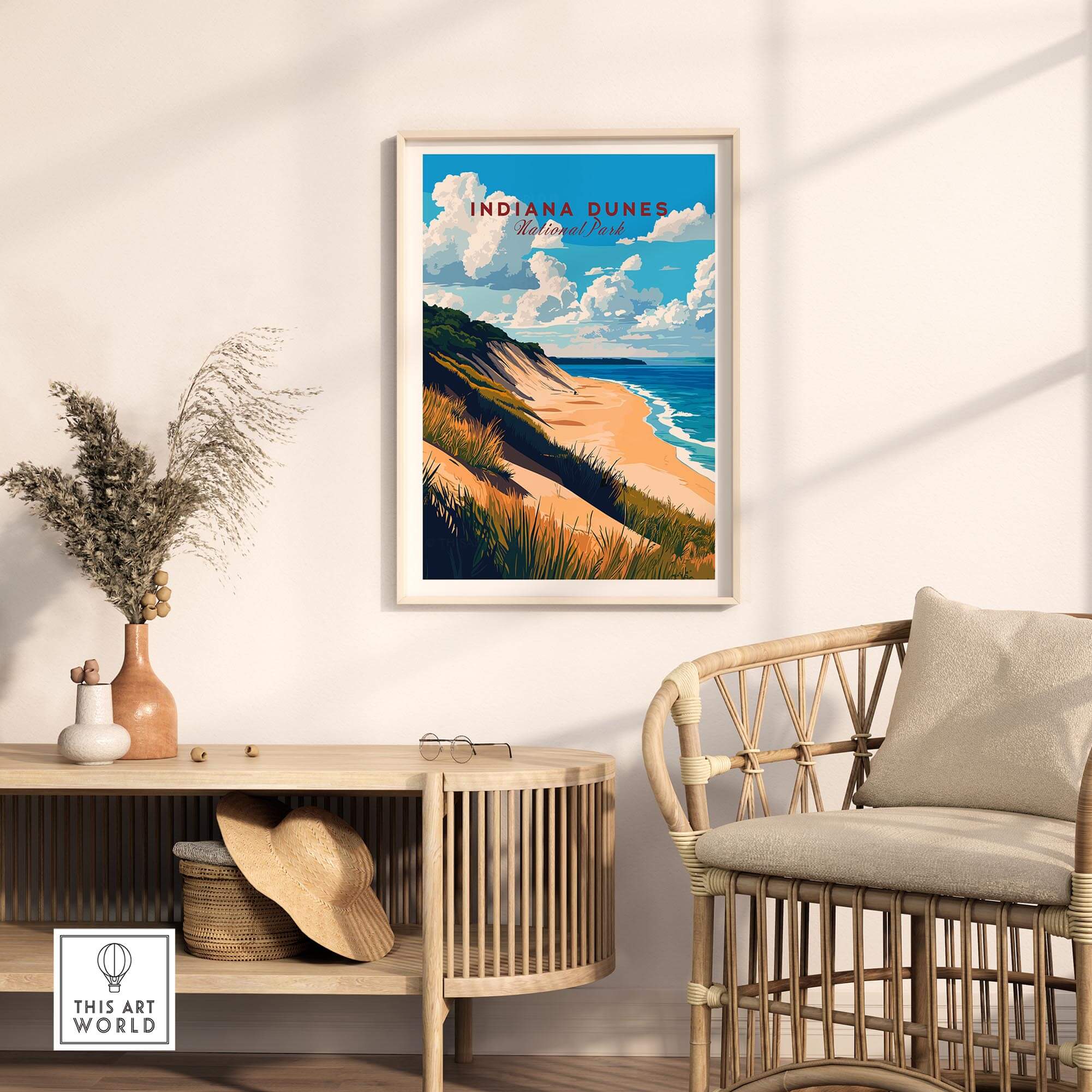 Indiana Dunes Wall Art showcasing the serene landscape of Indiana Dunes National Park in a stylish interior setting.