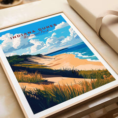 Beautiful illustration of Indiana Dunes Wall Art featuring sandy beach, lush grass, and vibrant skies.