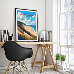 Indiana Dunes Wall Art displayed on a desk in a bright room, showcasing the beauty of Indiana Dunes National Park.