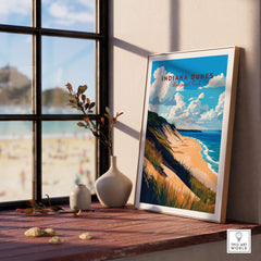 Stunning Indiana Dunes Wall Art displayed on a wooden table near a sunny window, showcasing natural beauty.