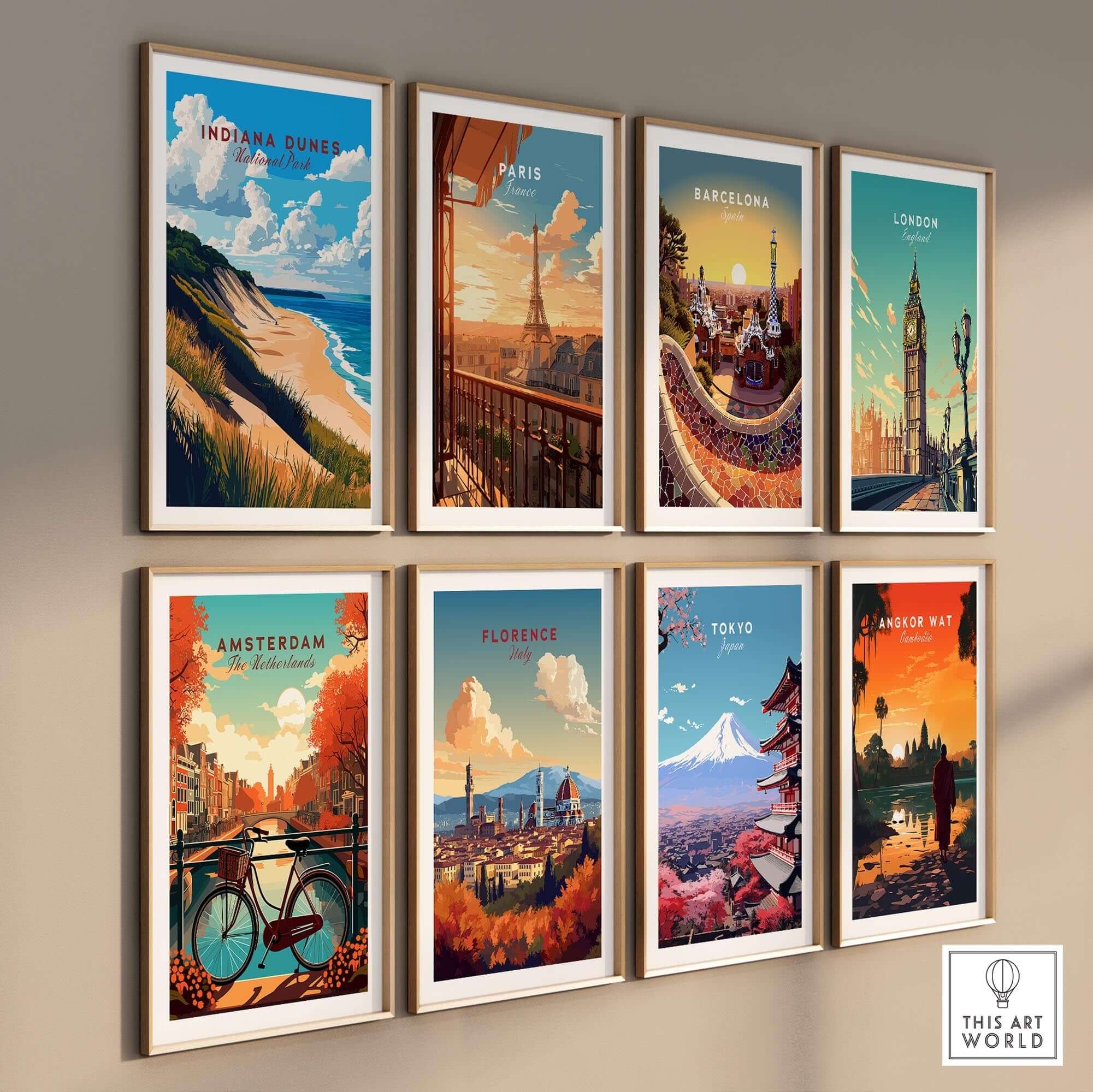 Indiana Dunes Wall Art displayed among other city prints in a stylish gallery wall arrangement.