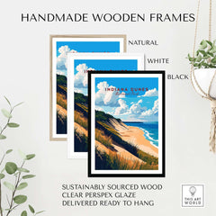 Indiana Dunes Wall Art displayed in handmade wooden frames in natural, white, and black finishes.
