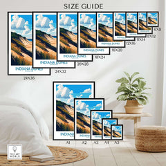 Indiana Dunes Wall Art Poster size guide showcasing various dimensions for home display.