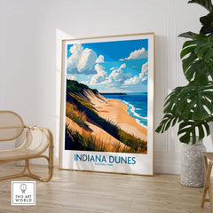 Indiana Dunes Wall Art Poster showcasing a beautiful beach scene with lush green forests and bright blue sky.