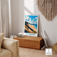 Indiana Dunes Wall Art Poster displayed in a cozy living room, showcasing sandy beaches and lush landscapes.