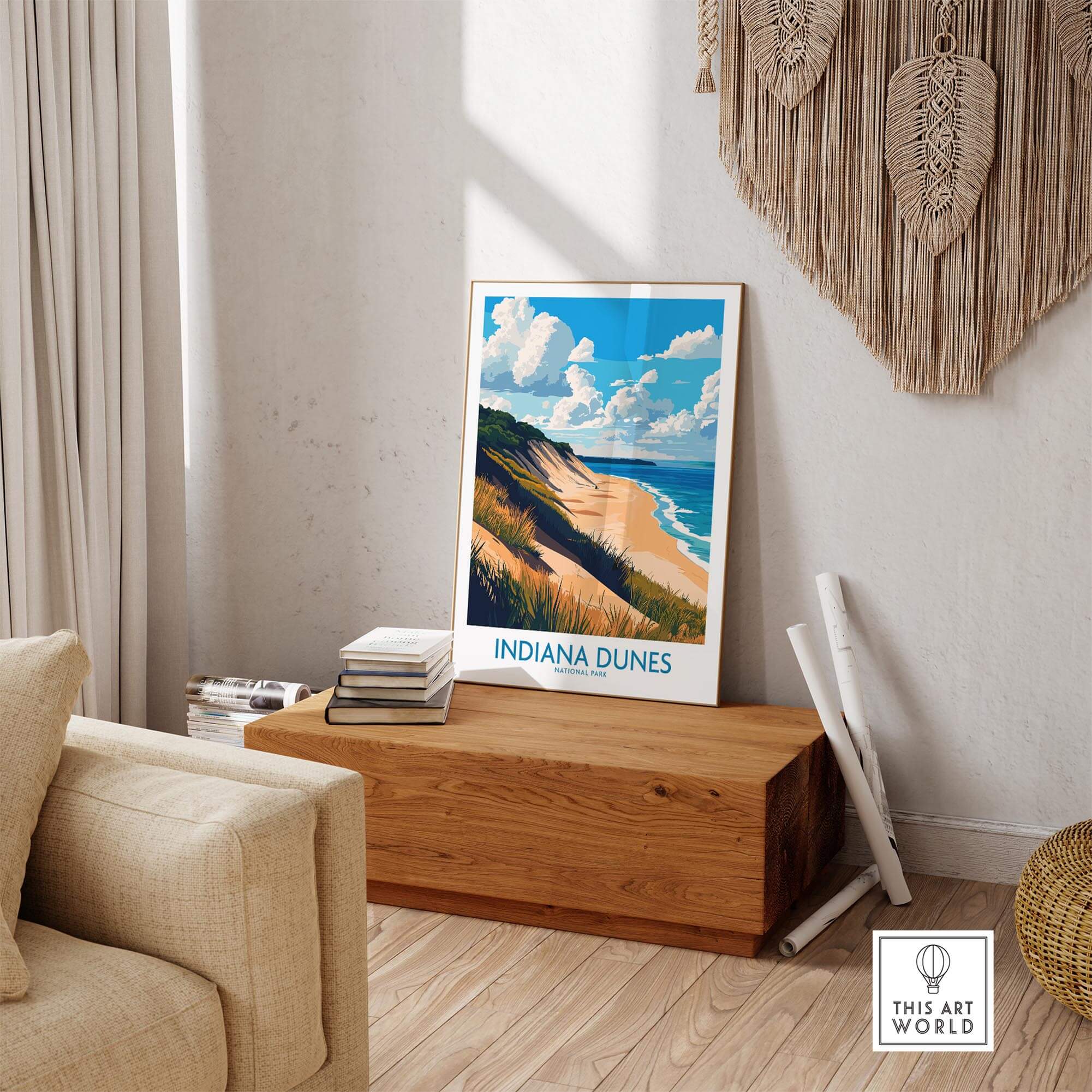 Indiana Dunes Wall Art Poster displayed in a cozy living room, showcasing sandy beaches and lush landscapes.