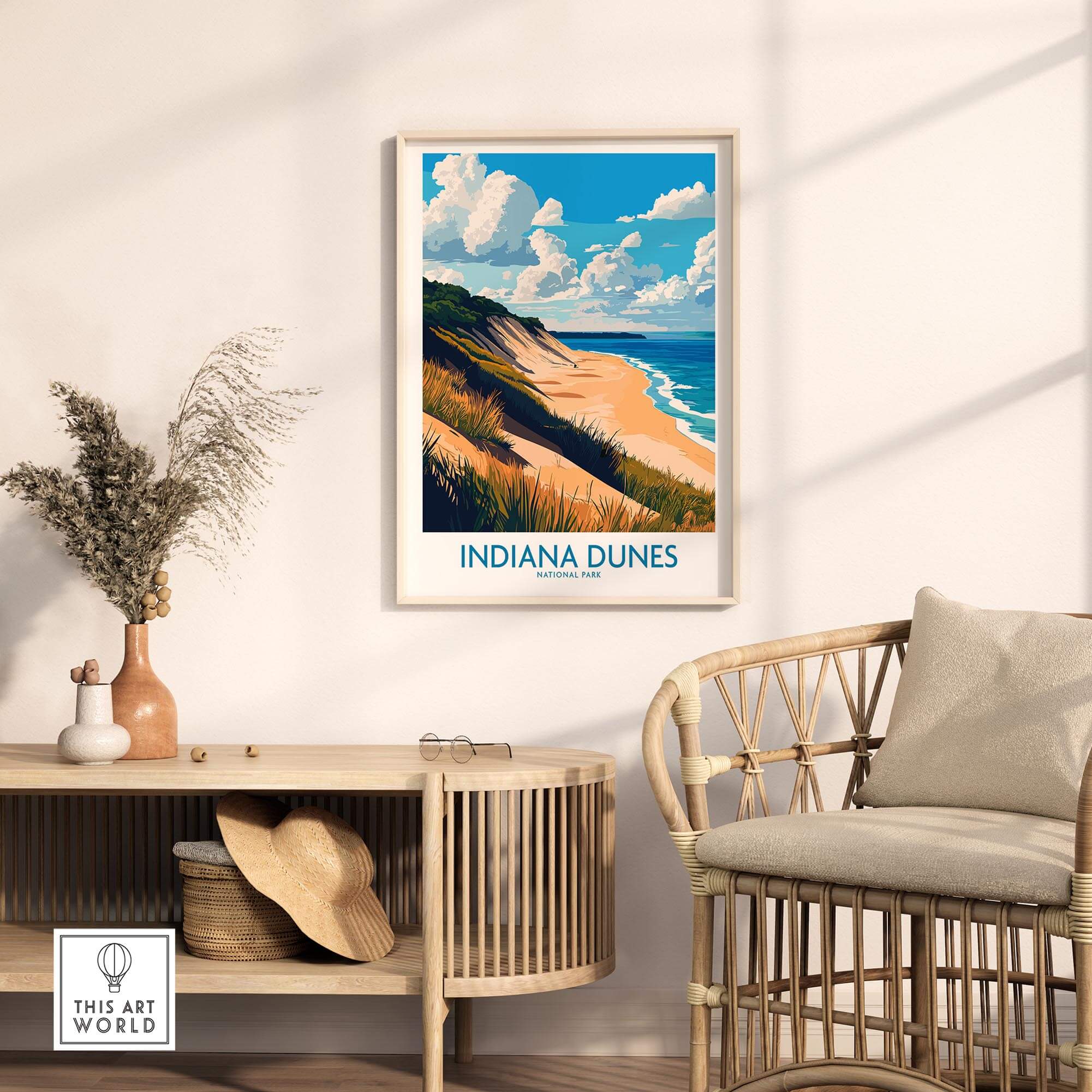 Indiana Dunes Wall Art Poster featuring beautiful ocean view and sandy beach in a modern home setting.
