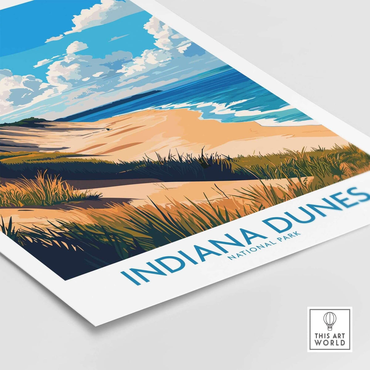 Indiana Dunes Wall Art Poster featuring sandy beaches and lush forests of Indiana Dunes National Park.