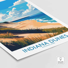 Indiana Dunes Wall Art Poster featuring sandy beaches and lush forests of Indiana Dunes National Park.
