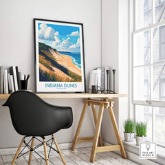 Indiana Dunes Wall Art Poster displayed in a modern workspace with natural lighting and decor.