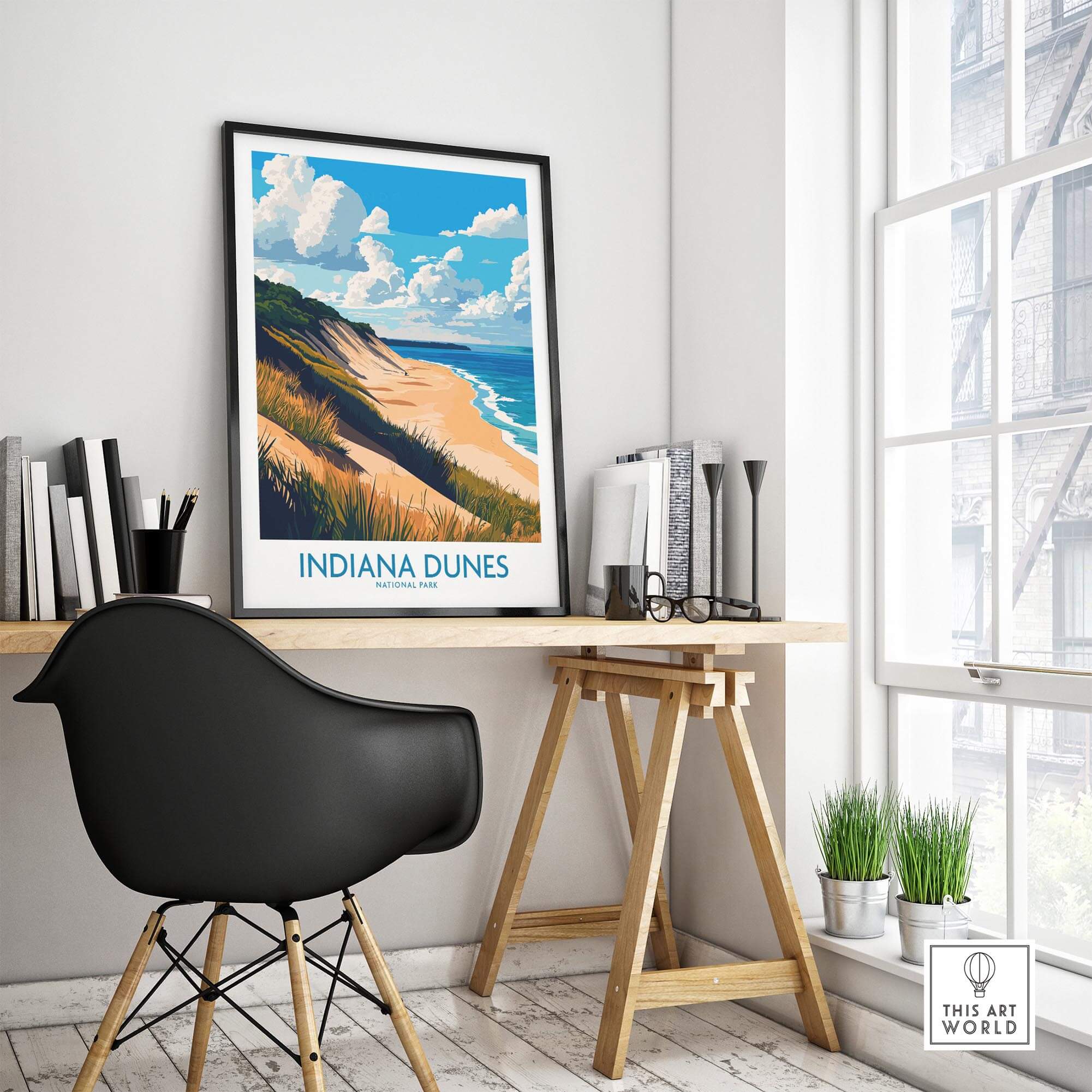 Indiana Dunes Wall Art Poster displayed in a modern workspace with natural lighting and decor.