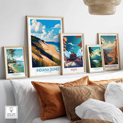 Indiana Dunes Wall Art Poster displayed among other travel posters on a stylish wall decor in a cozy living room.