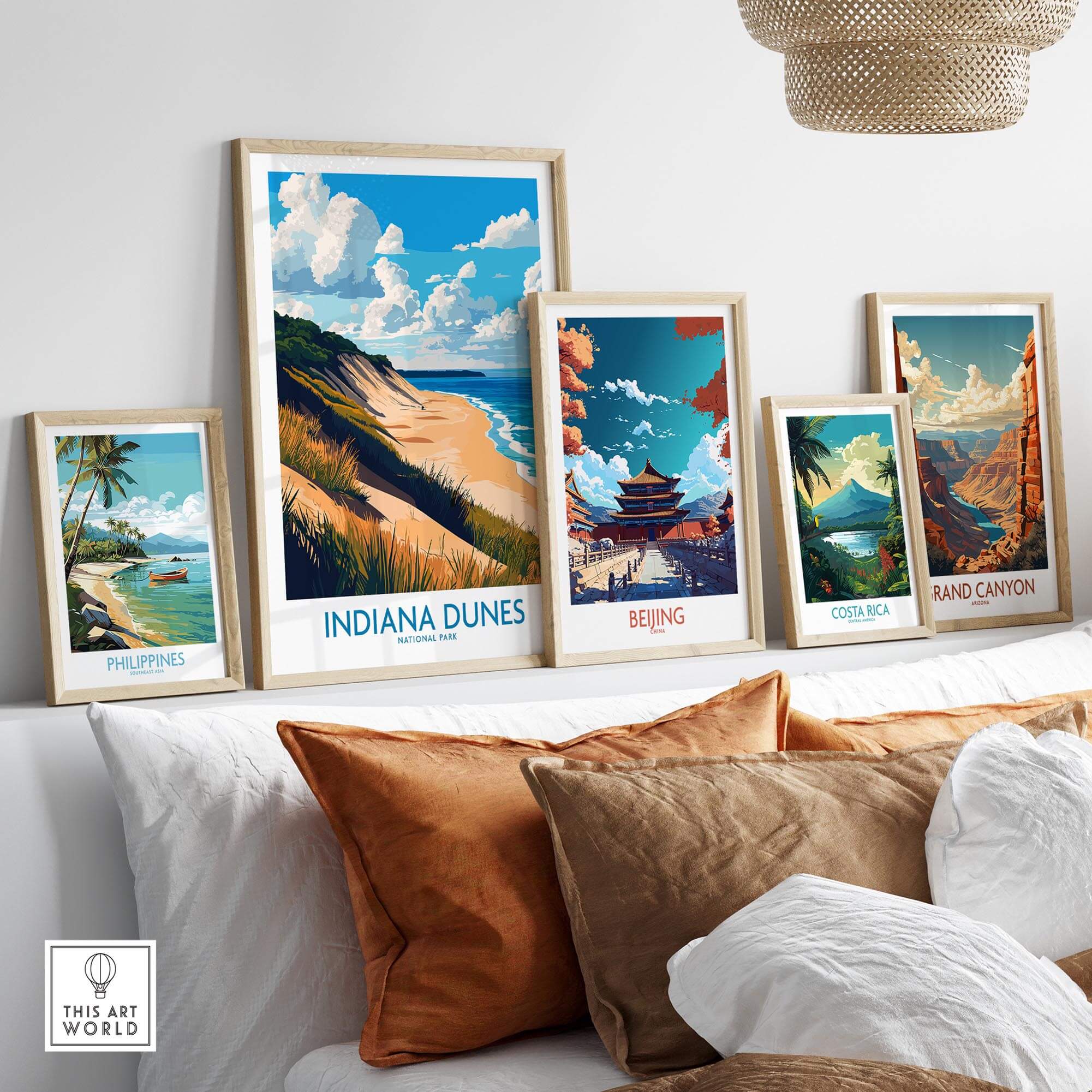Indiana Dunes Wall Art Poster displayed among other travel posters on a stylish wall decor in a cozy living room.