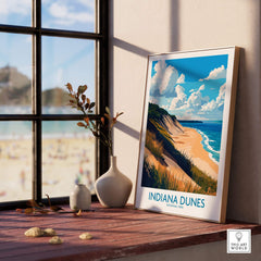 Indiana Dunes Wall Art Poster showcasing the scenic beauty of Indiana Dunes National Park by a sunny window.