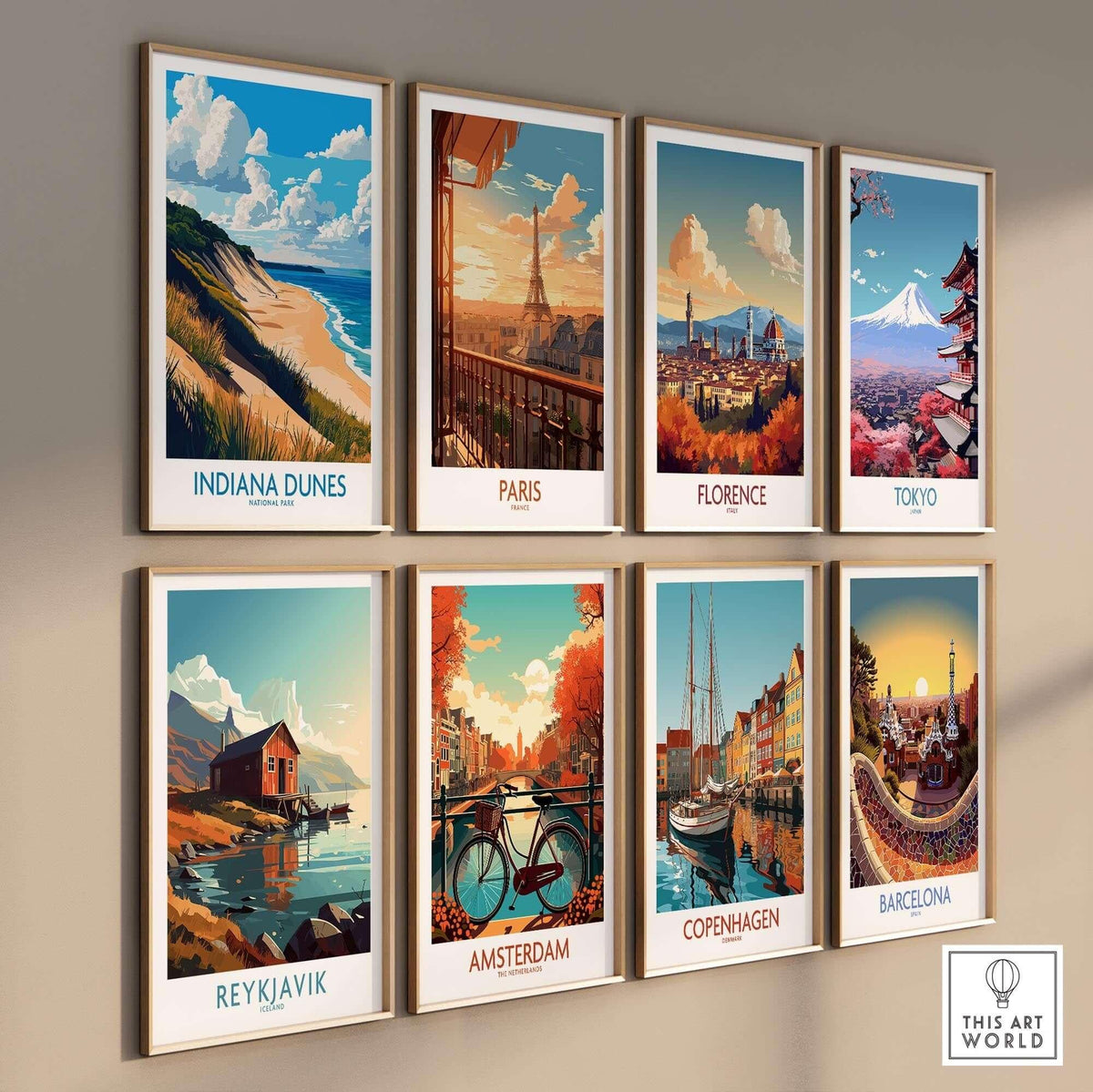 Indiana Dunes Wall Art Poster and other city posters displayed on a wall.