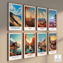 Indiana Dunes Wall Art Poster and other city posters displayed on a wall.