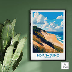 Indiana Dunes Wall Art Poster showcasing the beach and lush landscape of Indiana Dunes National Park.