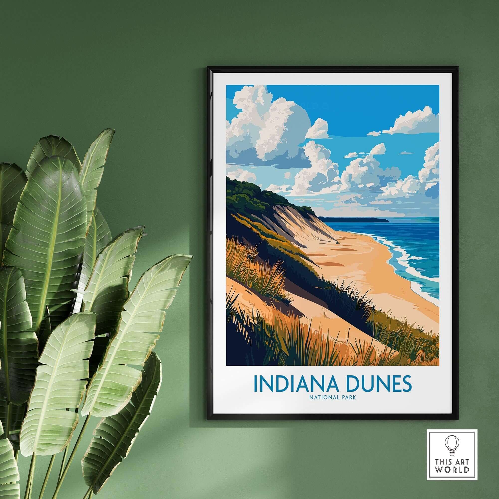 Indiana Dunes Wall Art Poster showcasing the beach and lush landscape of Indiana Dunes National Park.