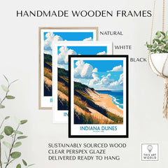 Handmade wooden frames in natural, white, and black for Indiana Dunes Wall Art Poster, sustainably sourced wood.