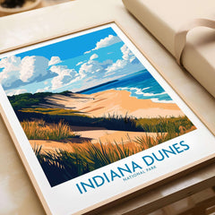 Indiana Dunes Wall Art Poster featuring a vibrant beach scene and lush greenery, showcasing the beauty of Indiana Dunes National Park.
