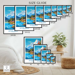 Interlaken Poster Switzerland size guide displaying various print dimensions in a beautifully decorated room.