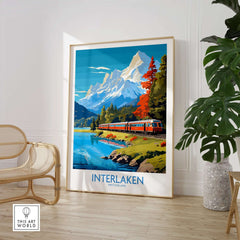 Interlaken Poster Switzerland featuring a scenic train view and majestic mountains in the background.