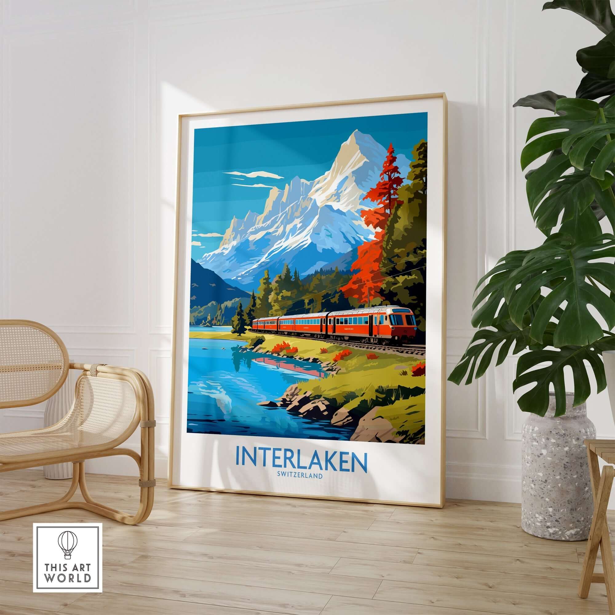 Interlaken Poster Switzerland featuring a scenic train view and majestic mountains in the background.