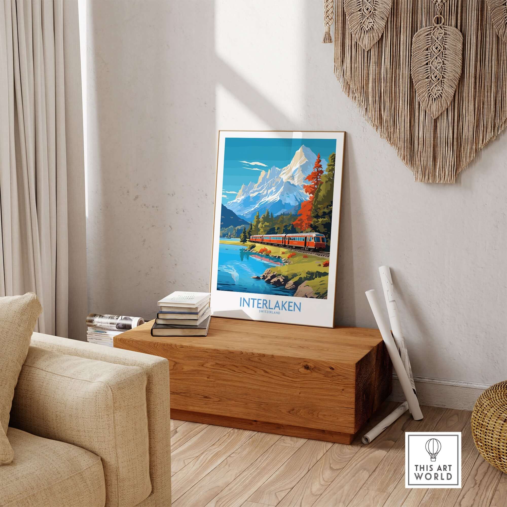 Interlaken Poster Switzerland displayed in a cozy living room, showcasing vibrant scenery and Swiss mountains.