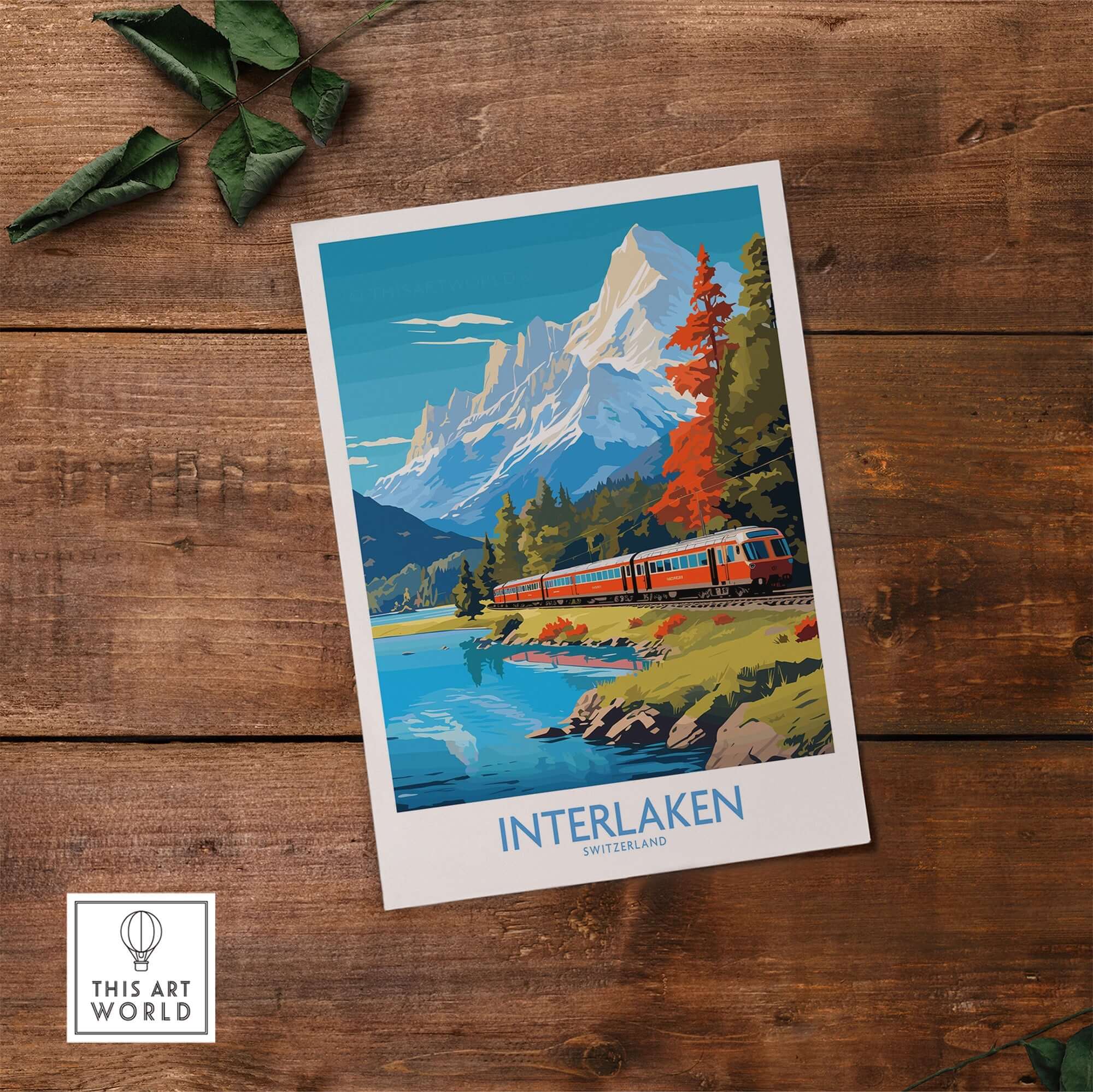 Interlaken Poster Switzerland featuring a train by a lake with mountains in the background, showcasing stunning landscape art.