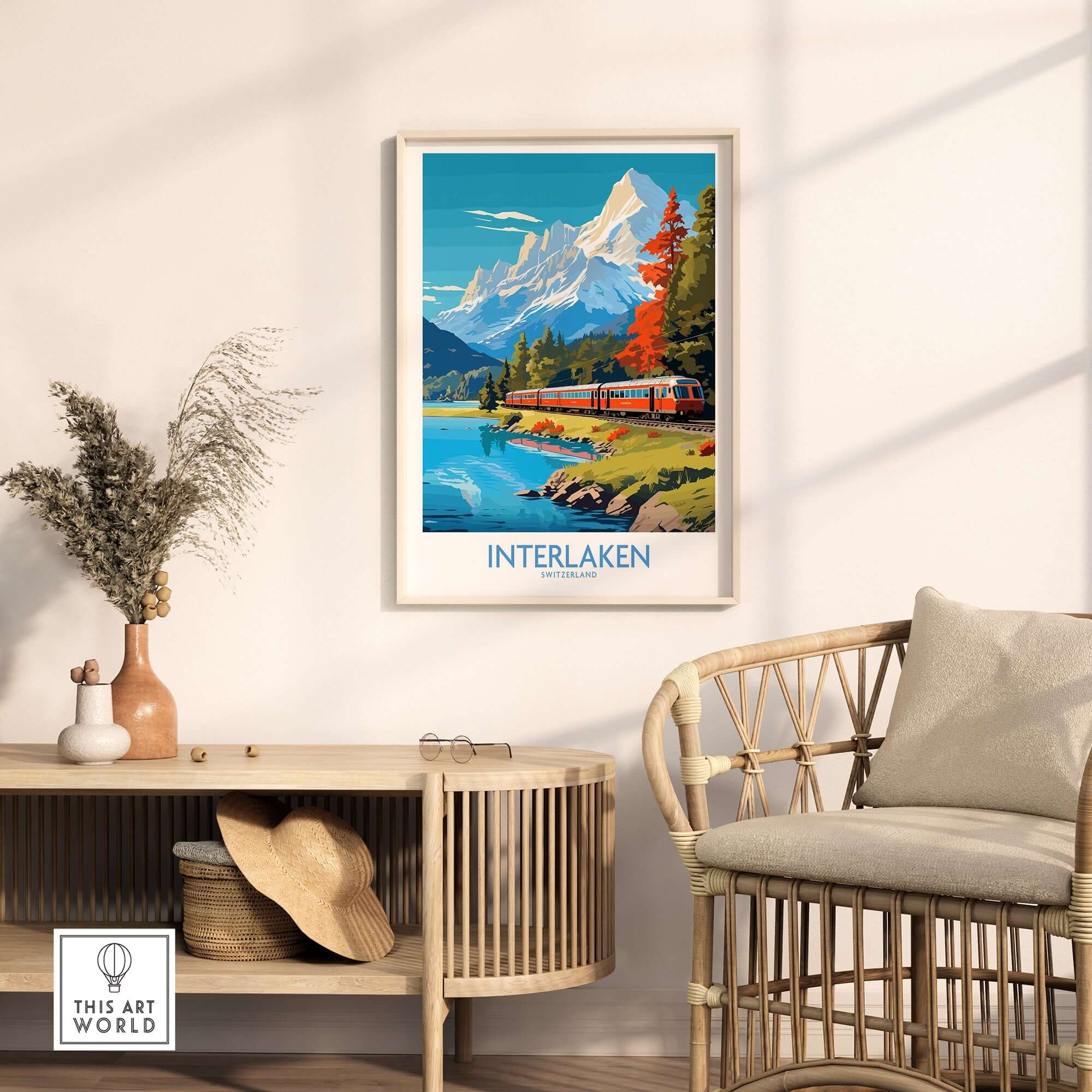 Interlaken Poster Switzerland framed in a modern living room with scenic mountain views and vibrant colors.