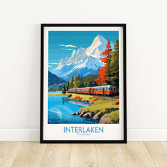 Interlaken Poster Switzerland featuring a scenic train ride surrounded by mountains and vibrant nature in Switzerland.