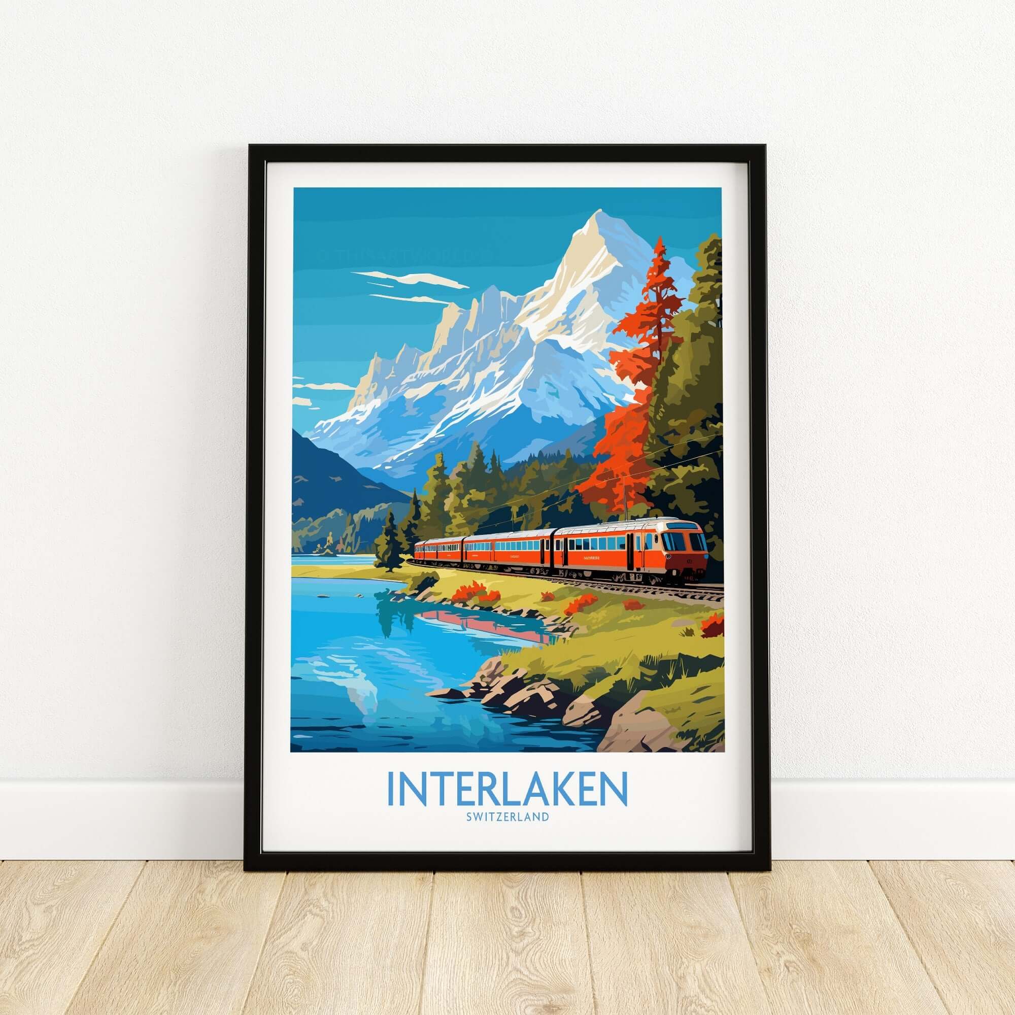 Interlaken Poster Switzerland featuring a scenic train ride surrounded by mountains and vibrant nature in Switzerland.