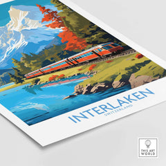 Interlaken Poster Switzerland featuring a train by a scenic lake and mountains in vibrant colors.