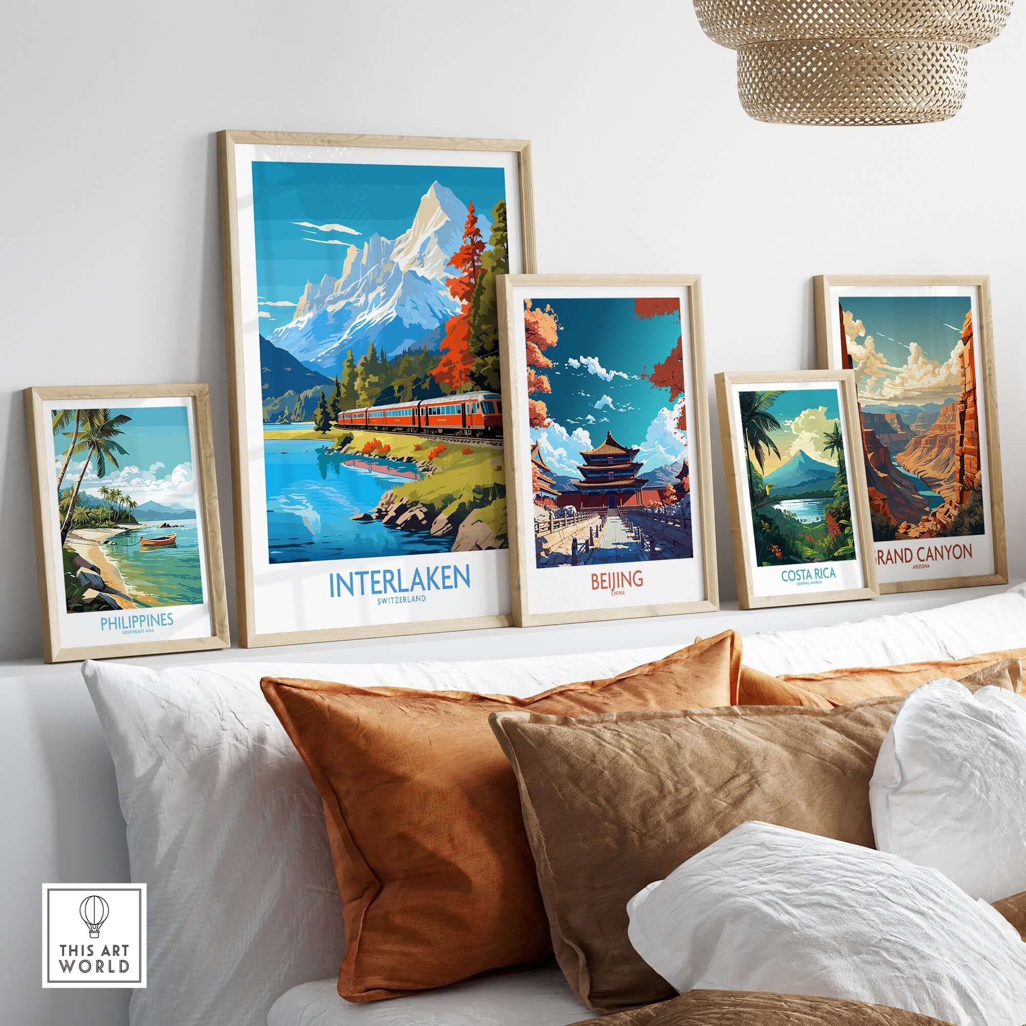 Interlaken Poster Switzerland displayed among framed travel posters in a cozy living room setting.