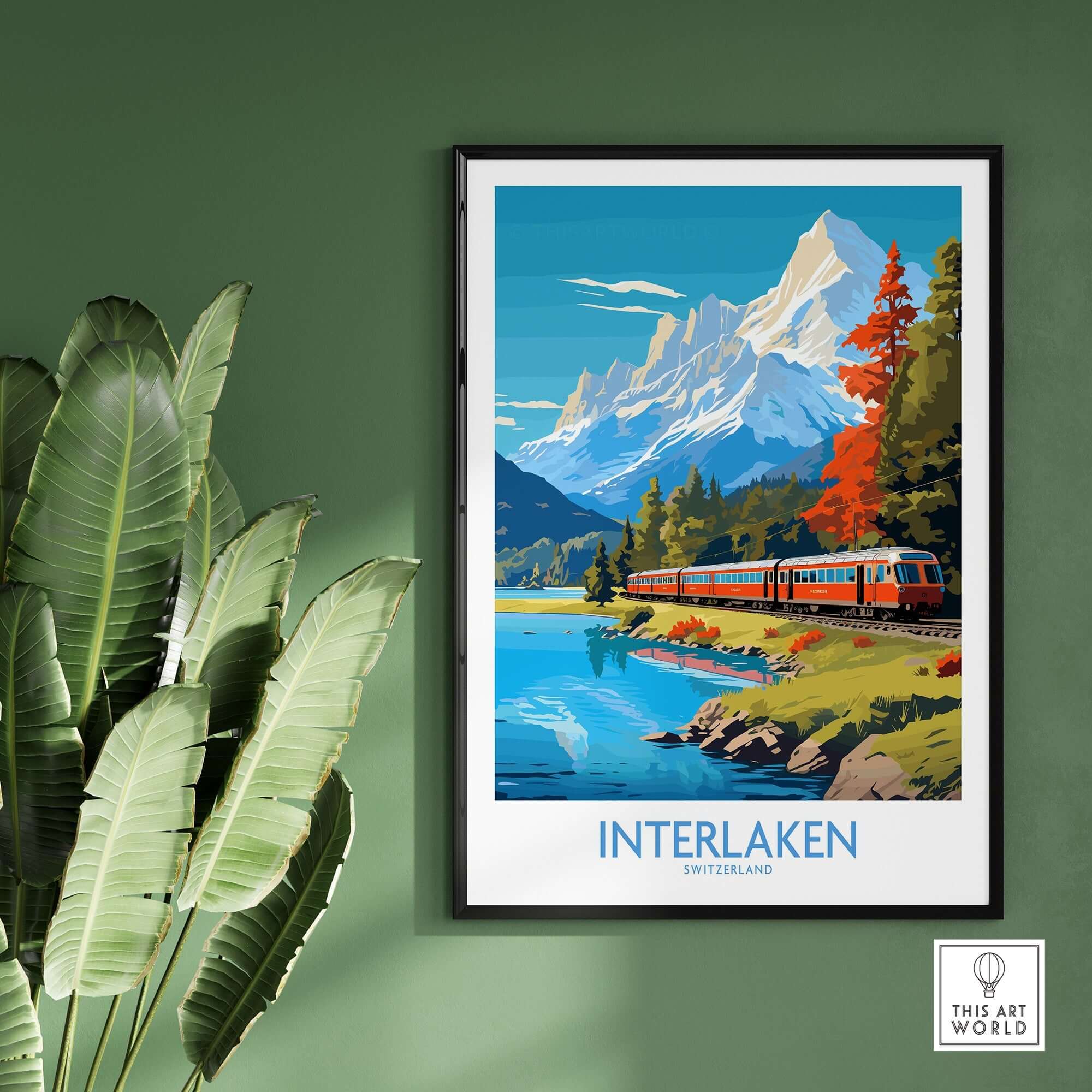 Interlaken Poster Switzerland showcasing vibrant scenery and a train by the lake in Switzerland.