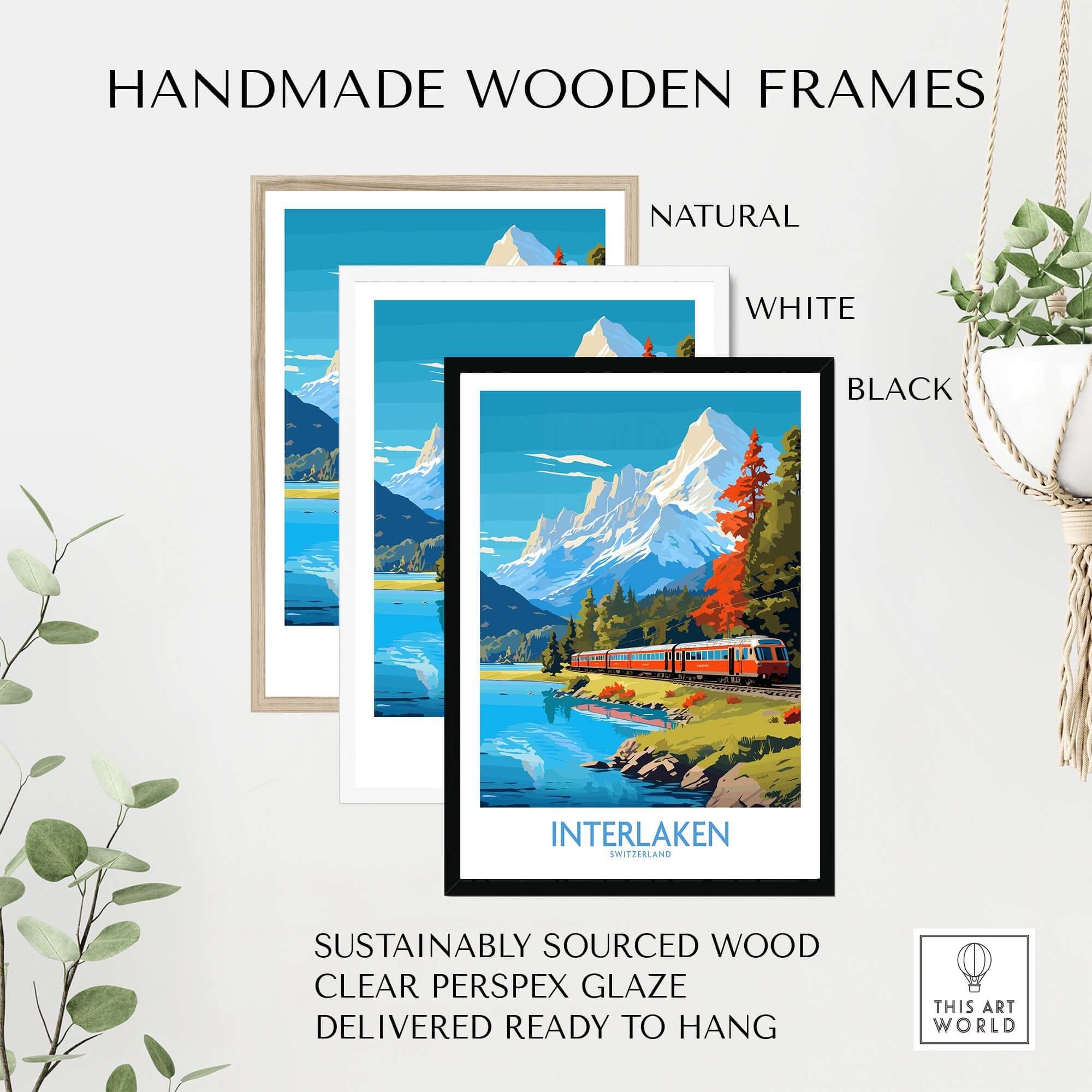 Interlaken Poster Switzerland framed in natural, white, and black handmade wooden frames.